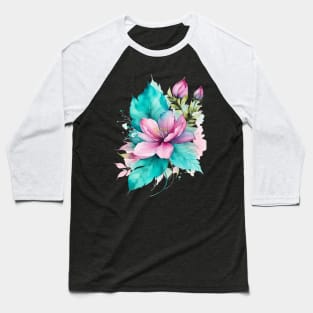 watercolor pink teal flower and leaf Baseball T-Shirt